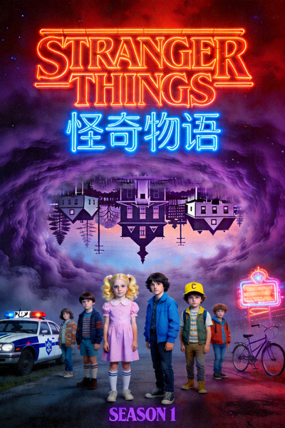 美剧《怪奇物语》海报，充满80年代复古科幻气息